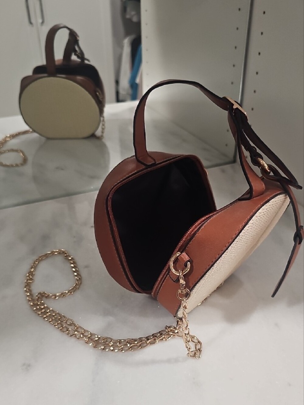 Round Woven Crossbody Bag - Beige and Brown - Picture 3 of 5